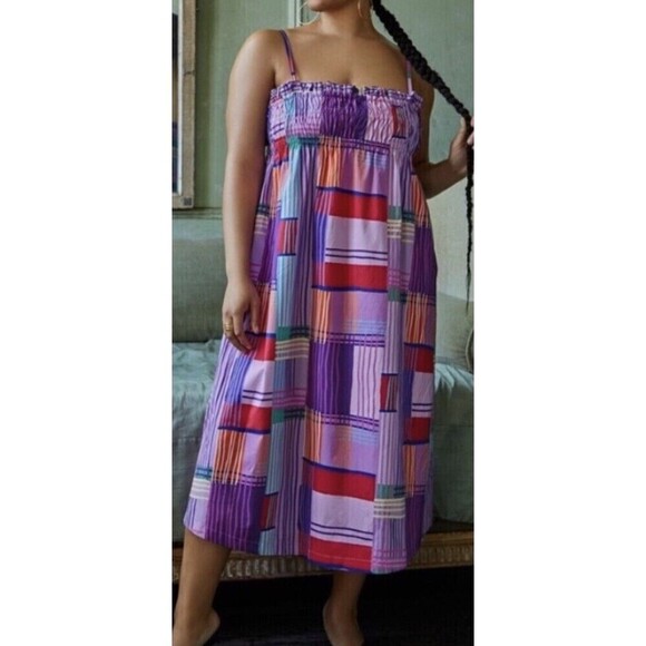 Eloqui Size 14 Shift Dress Smocked Bodice Empire Gathered Color Block Midi Large - Picture 2 of 9